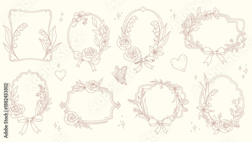Delicate Floral Frames and Wreaths Illustrations with Hearts and Ribbons