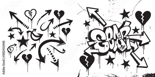 Edgy black and white graffiti vector set featuring "GOMR" bubble letters, broken hearts, stars, and directional arrows with realistic paint drips. Perfect for urban street art designs.