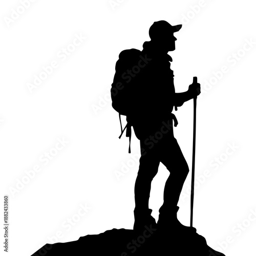 Black silhouette of a standing climber wearing a backpack and hat holding climbing poles on a white background