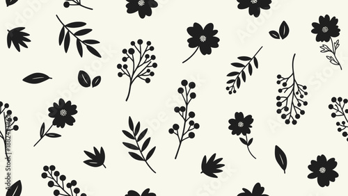 Black floral illustration featuring elegant botanical elements and simple leaves on a neutral background viewed from above