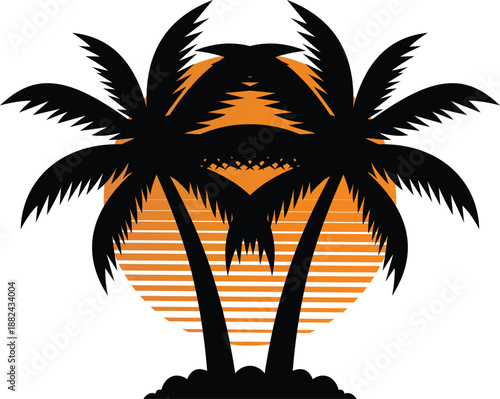 Silhouette of two palm trees against a setting sun or rising sun graphic