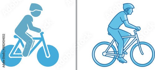 A side-by-side comparison of two blue cyclist icons: a solid, minimalist silhouette on the left and a more detailed line-art illustration on the right.