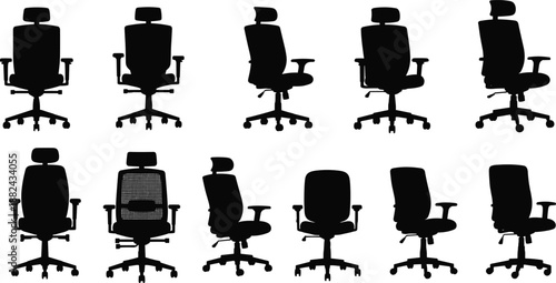 Set of office chair silhouettes including ergonomic desk chairs with headrests and armrests isolated on white background for furniture design
