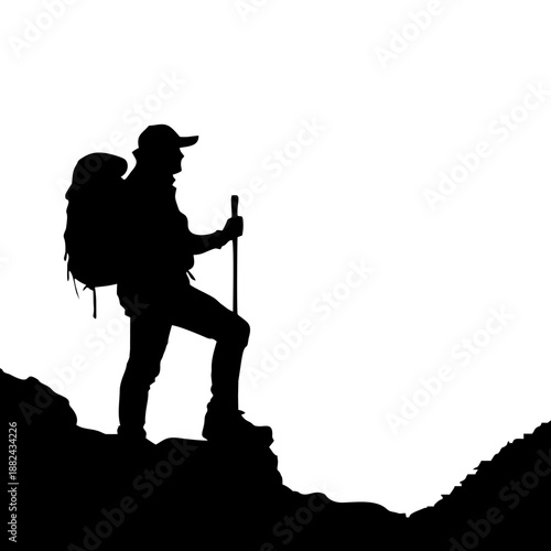 Black silhouette of a standing climber wearing a backpack and hat holding climbing poles on a white background