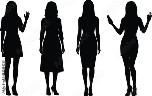 Set of professional woman silhouettes wearing modern dresses and stylish business casual clothing standing in confident poses on white background