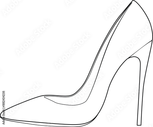 Side view outline of a women's high heel stiletto shoe. Vector line art of elegant fashion footwear isolated on white background.