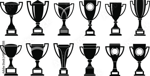 Set of trophy cup silhouettes including winner awards and achievement symbols isolated on white background for sports competition and success concepts