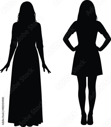 Silhouettes of a diverse group of people in summer casual outfits and hats standing in confident poses on white background