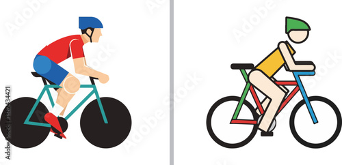 A side-by-side comparison of two cyclists: a detailed flat-style illustration on the left and a minimalist, geometric line-art version on the right.