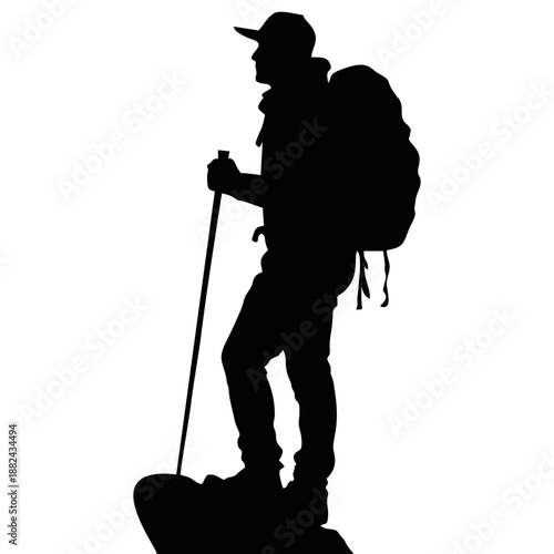 Black silhouette of a standing climber wearing a backpack and hat holding climbing poles on a white background