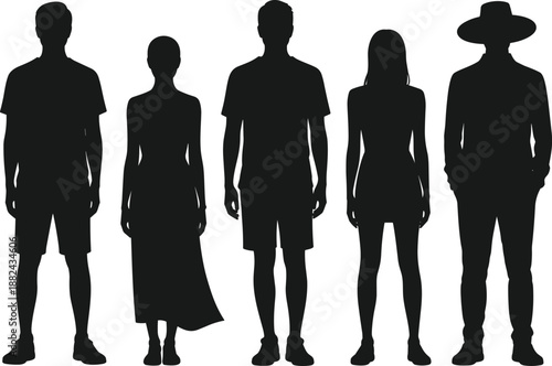 Silhouettes of a diverse group of people in summer casual outfits and hats standing in confident poses on white background