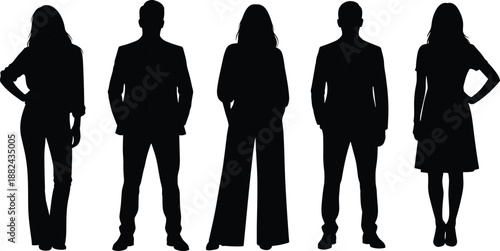 Silhouettes of professional business people and diverse office teams wearing formal suits and smart casual clothing isolated on white background