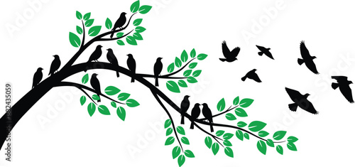 Black bird silhouettes perched on green leafy tree branches with a flying flock isolated on white background, nature vector illustration.