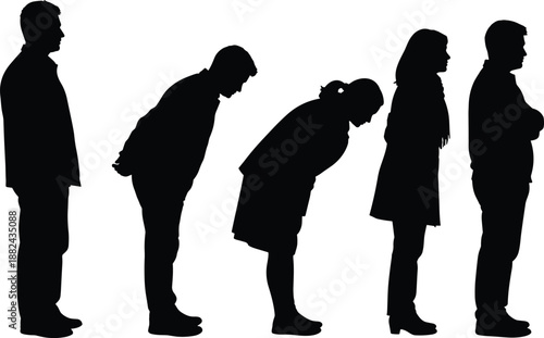 Black silhouettes of diverse people, business professionals, and fashion models in walking and standing poses isolated on white background for design.