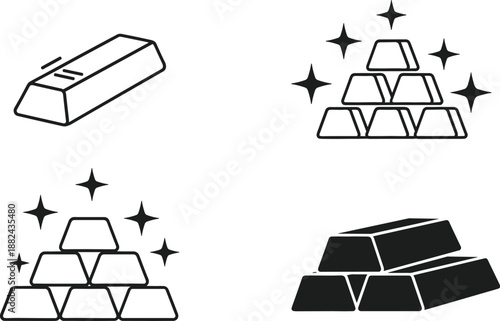 Gold bullion icon set featuring silhouettes and line art of stacked gold bars with sparkle accents for wealth and banking vector illustration