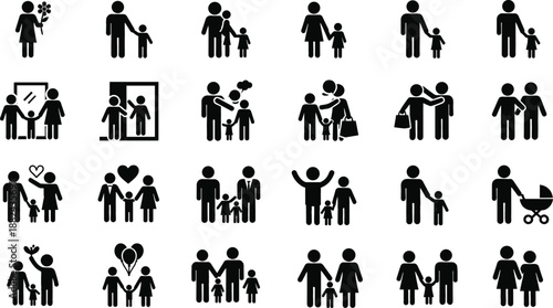 Large family and childcare icon set featuring silhouettes of parents with children family outings wedding figures and stroller icons flat vector illustration