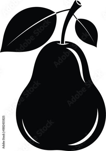 Minimalist black silhouette of a pear with two leaves isolated on a solid white background for logo design.