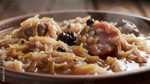 A closeup shot of a steaming rustic and traditional Polish Bigos stew featuring tender slowcooked sauerkraut various cuts of savory meat and sweet prunes served on a ceramic plate highlighting its ri.