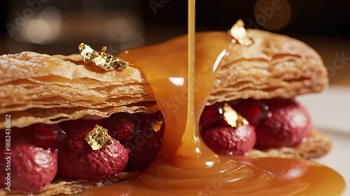 A luxurious layered pastry dessert possibly a millefeuille with flaky golden crusts vibrant berry filling and delicate gold leaf A rich stream of golden caramel sauce is elegantly poured over the top.
