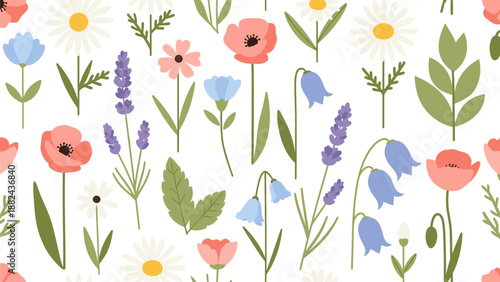 Whimsical Floral Pattern: Daisies, Poppies, Lavender, Bluebells