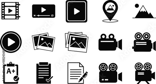 Multimedia and administrative icon set featuring silhouettes of video players film strips vintage movie cameras polaroid photos and graded documents flat vector illustration