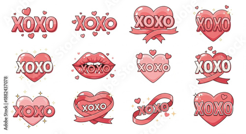 Cute XOXO Heart Typography Set with Lips Ribbons and Sparkles Valentine Illustration Isolated