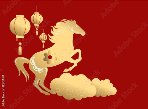 year of the horse Simple stroke of golden horse illustration silhouette on red background, of Chinese new year, year of the horse
