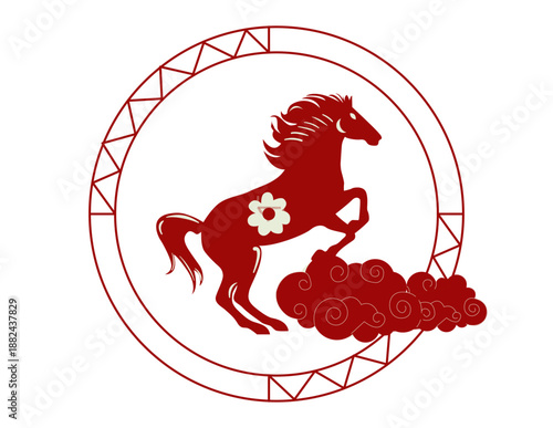 Simple stroke of golden horse illustration silhouette on red background, of Chinese new year, year of the horse