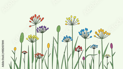 Colorful Floral Meadow Illustration on Light Green Background