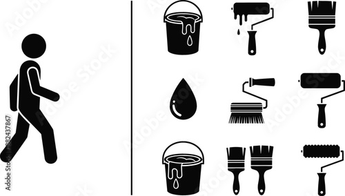 Set of painting and home renovation icons featuring silhouettes of paint buckets rollers brushes and a walking person for construction and DIY services flat vector illustration