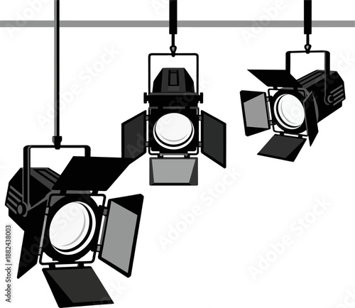 Three Gray Hanging Spotlights on Bar Silhouette Open Barn Doors Minimalist Vector