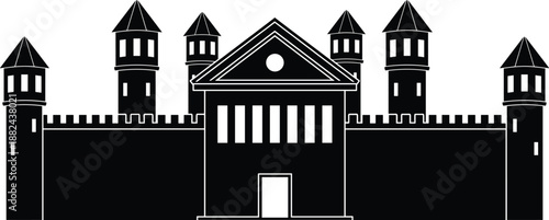 Black castle silhouette with medieval towers and fortress walls, historical palace architecture, kingdom stronghold, ancient stone building isolated on white,