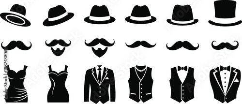 Formal fashion and grooming icon set featuring silhouettes of top hats fedoras moustaches with beards evening gowns and tuxedo vests flat vector illustration