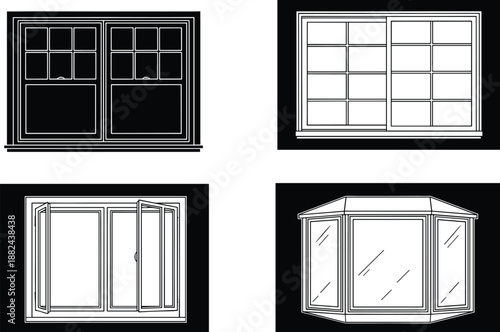 Architectural window icon set featuring silhouettes of double-hung sliding casement and bay window styles for house design flat vector illustration