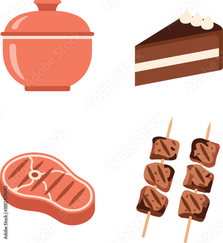 Professional flat vector illustration set featuring a ceramic cooking pot chocolate cake slice grilled beef steak and meat skewers.