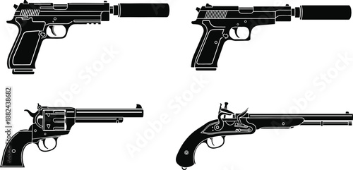 Tactical firearm silhouette set featuring modern handguns with silencers a classic revolver and a historical flintlock pistol flat vector illustration