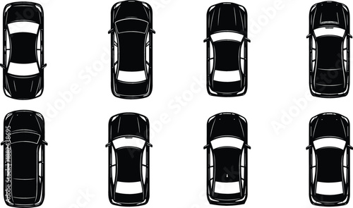 Top view set of modern car silhouettes for architectural site plans urban traffic mapping and parking lot design flat vector illustration