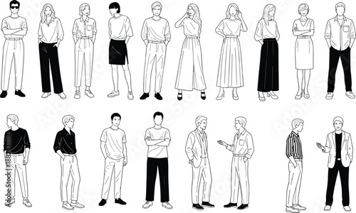 modern people illustration set, men women standing posing, casual fashion outfits collection, black white vector characters, isolated white background