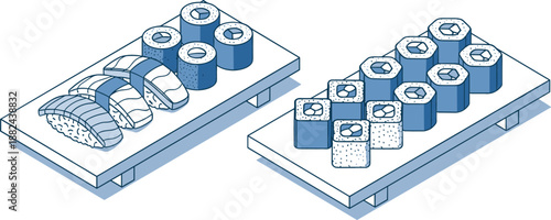 Isometric line art vector illustration of assorted sushi platters featuring nigiri and various maki rolls on wooden boards