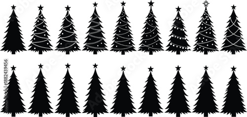 Black Christmas tree silhouette collection with decorated and plain pine evergreen trees isolated on white background for winter holiday season decoration,
