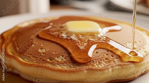 Delicious golden brown pancakes stacked high with a melting pat of butter generously drizzled with rich amber maple syrup for a perfect breakfast or brunch treat.