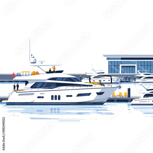 Luxury Yacht Docked at Modern Marina with People on Board and Other Vessels Nearby
