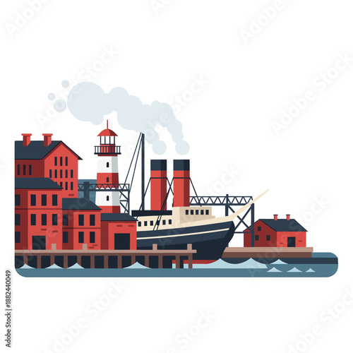 Vintage Ship Docked at Industrial Harbor with Lighthouse and Buildings