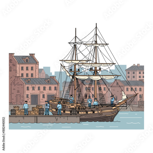 Sailors unloading cargo from a large sailing ship at a bustling dockside with warehouses in the background