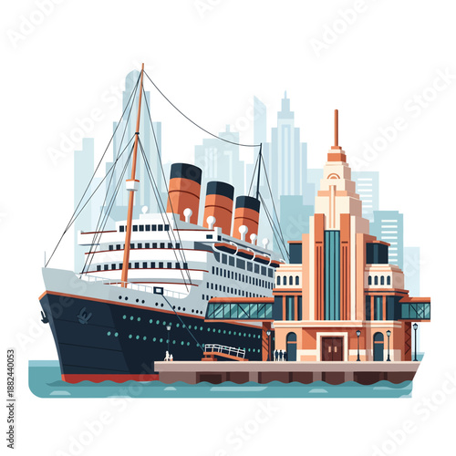 A majestic ocean liner docked at a bustling harbor with city skyline in the background