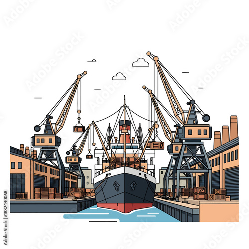A large cargo ship is docked at a busy industrial harbor with cranes and warehouses