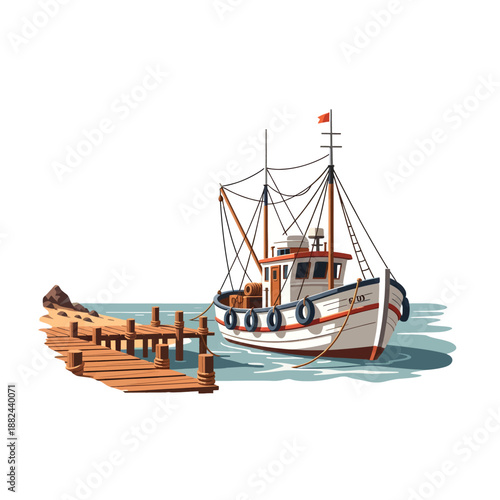 Sailboat docked at wooden pier in serene harbor viewed from the side