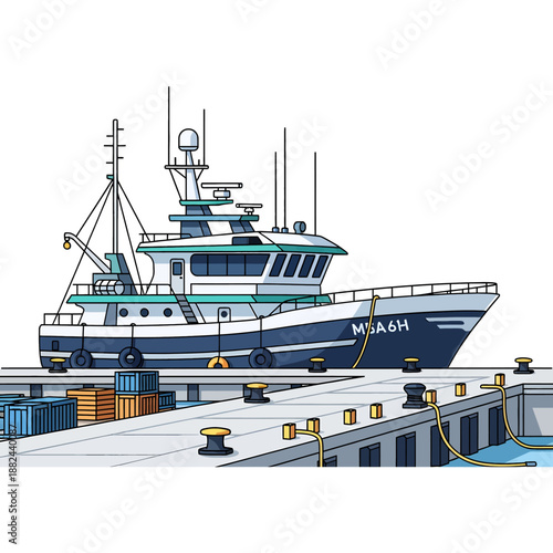 Fishing vessel docked at a modern harbor with cargo containers in the foreground