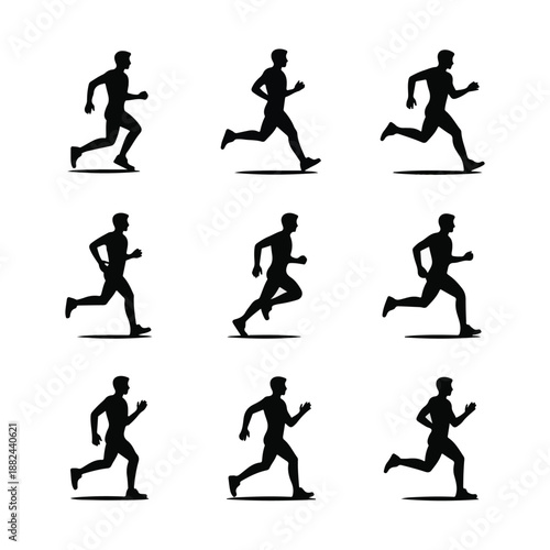 Nine black silhouettes of male runners in motion on white background running