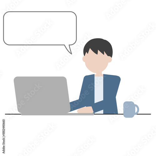 吹き出し付きでパソコン作業をする男性のフラットイラスト